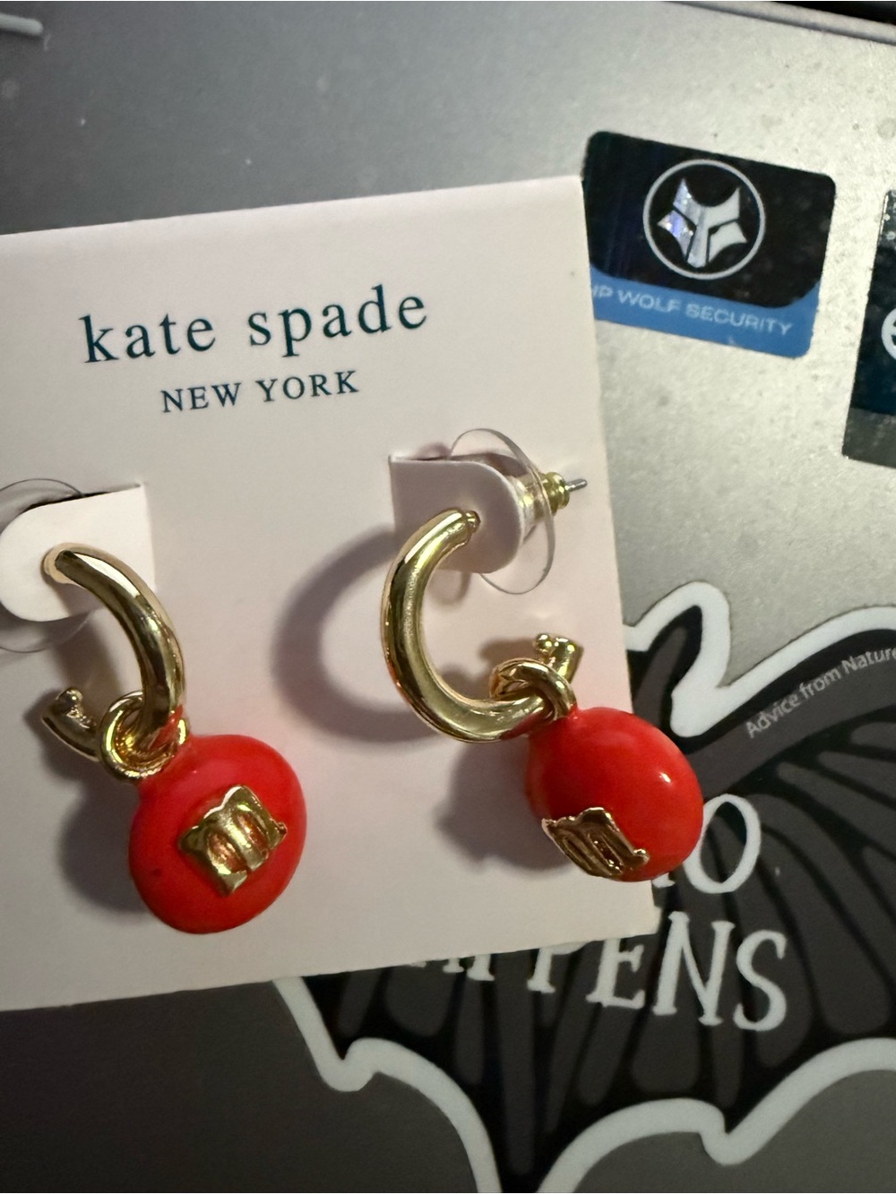 kate spade Limited M&M’s Gold Hoop Earrings with Red Enamel Drop Charms